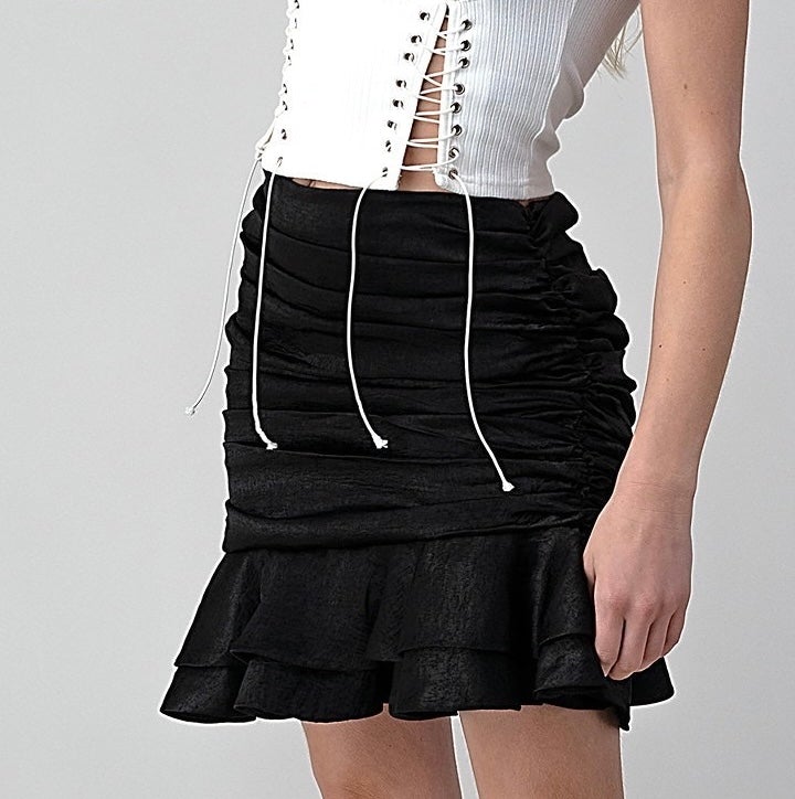 Imani| Ruched & Ruffled Skirt (Black)
